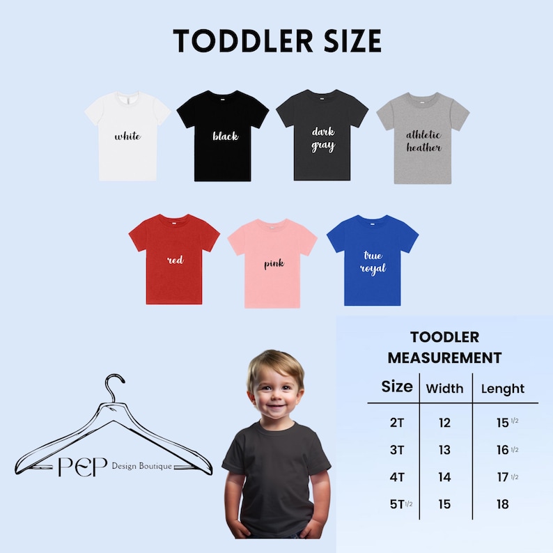 Puede incluir: Un gr&aacute;fico que muestra las tallas de camisetas para ni&ntilde;os peque&ntilde;os y las medidas en pulgadas. El gr&aacute;fico incluye las tallas 2T, 3T, 4T y 5T 1/2. El gr&aacute;fico tambi&eacute;n incluye el ancho y la longitud de cada talla. El gr&aacute;fico est&aacute; etiquetado como "Medici&oacute;n para ni&ntilde;os peque&ntilde;os".
