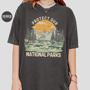 May include: A dark gray t-shirt with a vintage-style graphic of a mountain range and a sunset. The text "Protect Our National Parks" is printed below the graphic.