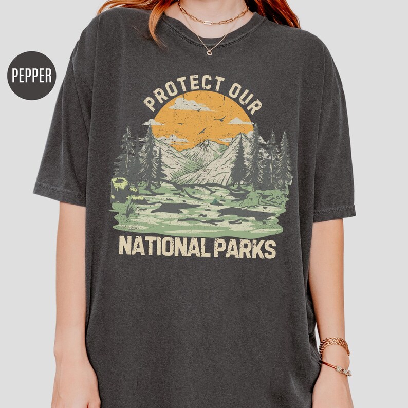 May include: A dark gray t-shirt with a vintage-style graphic of a mountain range and a sunset. The text "Protect Our National Parks" is printed below the graphic.