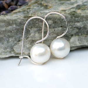 White 6.5 - 8mm Freshwater Pearl Earrings, Argentium Silver or Sterling Silver Kidney Style Secure Ear Wires, June Birthstone Gift
