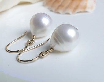 White Circlé Baroque Teardrop Freshwater Pearl Earrings, 14k Gold Filled Hook or Leverback, Classic Pearl Dangles, Bridal, Birthday Gift