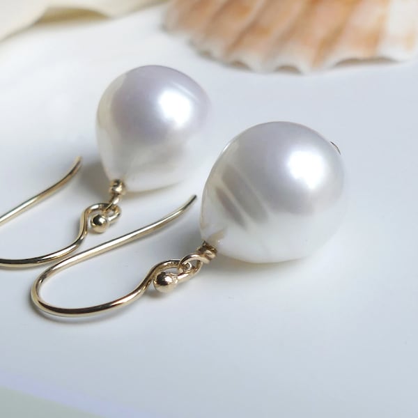 White Circlé Baroque Teardrop Freshwater Pearl Earrings, 14k Gold Filled Hook or Leverback, Classic Pearl Dangles, Bridal, Birthday Gift