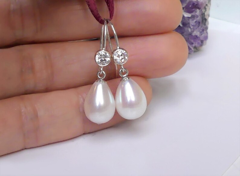 White Freshwater Pearls CZ Sterling Silver Dangles June Birthstone Teardrop Pearl Earrings Bridal Pearl Jewelry Gift Ready to Ship