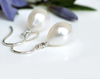 White Freshwater Teardrop Pearl Earrings, Sterling Silver Dangles, Simple Classic Drop Pearl, Leverback, Bridal Wedding Gift, Everyday Pearl