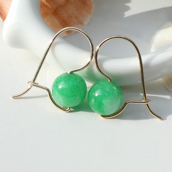 Jade Earrings, 8mm Jade Smooth Round, 14k Gold Filled - Sterling Silver Secure Kidney Ear Wires, Spring Green Simple Small Dangles Gift