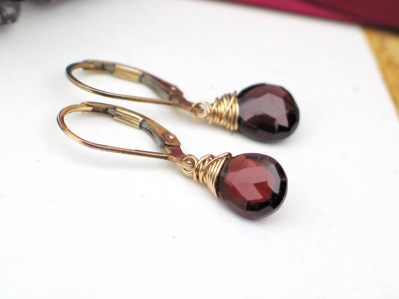 14k Gold Filled January Birthstone Rose Gold Filled Dangle Leverback Birthday Gift Red Garnet Pear Drops Garnet Teardrop Earrings