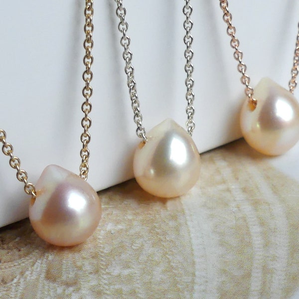 Soft Peach Pink Teardrop Freshwater Slide Pendant Necklace, Small Floating Pearl, Sterling Silver - 14k Gold Filled - Rose Gold Filled Chain