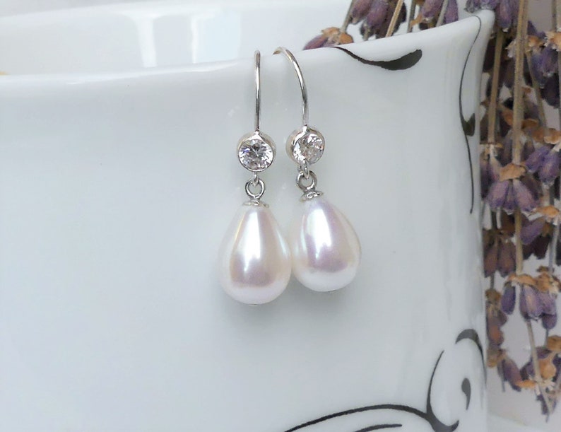 White Freshwater Pearls CZ Sterling Silver Dangles June Birthstone Teardrop Pearl Earrings Bridal Pearl Jewelry Gift Ready to Ship