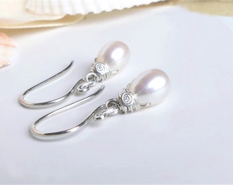 Dainty White Teardrop Pearl Earrings, Freshwater Droplet Pearls, Wire Wrapped, Sterling Silver Swirl Hook Dangle, Leverback, Wedding Gifts