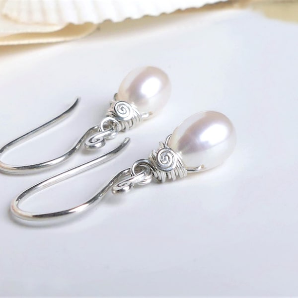 Dainty White Teardrop Pearl Earrings, Freshwater Droplet Pearls, Wire Wrapped, Sterling Silver Swirl Hook Dangle, Leverback, Wedding Gifts