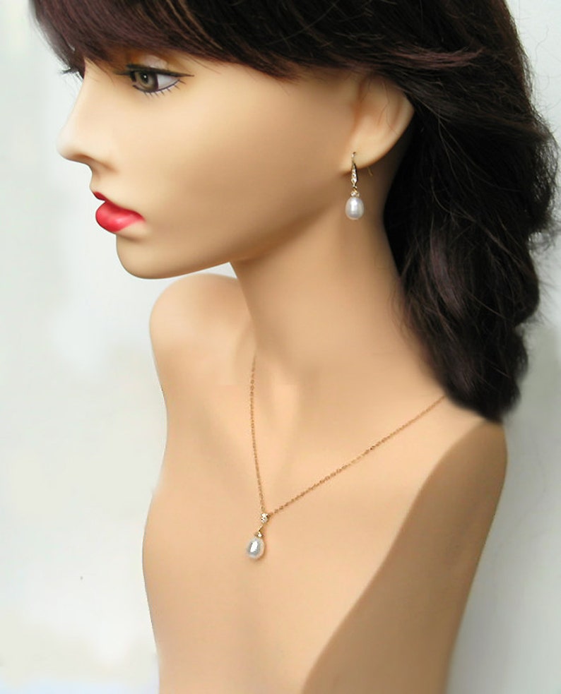 Bridal Jewelry Gift Reday to Ship Teardrop Pearl Earrings Pendant Necklace Set CZ Pav\u00e9 14k Gold Plated White Freshwater Drop Pearls