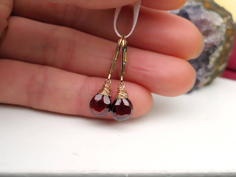 14k Gold Filled January Birthstone Rose Gold Filled Dangle Leverback Birthday Gift Red Garnet Pear Drops Garnet Teardrop Earrings