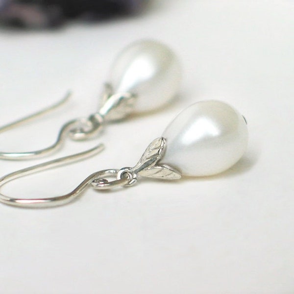 White Teardrop Pearl Earrings | Freshwater Drop Pearls | Sterling Silver Swirl Dangle | Jasmine Pearl Earrings | Birthday Gift Ready to Ship
