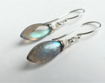 Labradorite Marquise Drop Earrings, Moss Gray w Blue Green Flash, Argentium Sterling Silver Wire Wrapped Dangles, Simple Everyday Earring