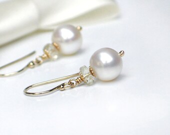 White Pearl Earrings, 8mm Freshwater Pearls w Champagne Oregon Sunstone Rondelle in 14k Gold Filled Dangles, June Birthstone, Bridal Gift