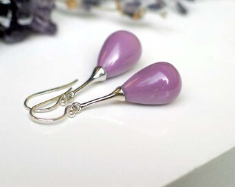 Lilac Purple Phosphosiderite Teardrop Earrings, Smooth Drop, Sterling Silver Long Drop Dangles, Fleur de Lis Leverbacks, Calla Earrings