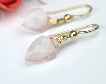 Small Light Pink Rose Quartz Earrings, Kite Shape Rose Quartz, 14k Gold Filled - Rose Gold - Sterling Earrings, Madagascar Rose Dangles