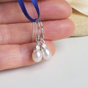 Dainty White Pearl Teardrop Earrings, Argentium Silver Wire Wrapped, Freshwater Pearl Droplet, Swirl Hook Dangles, Birthday, Wedding Gifts image 4