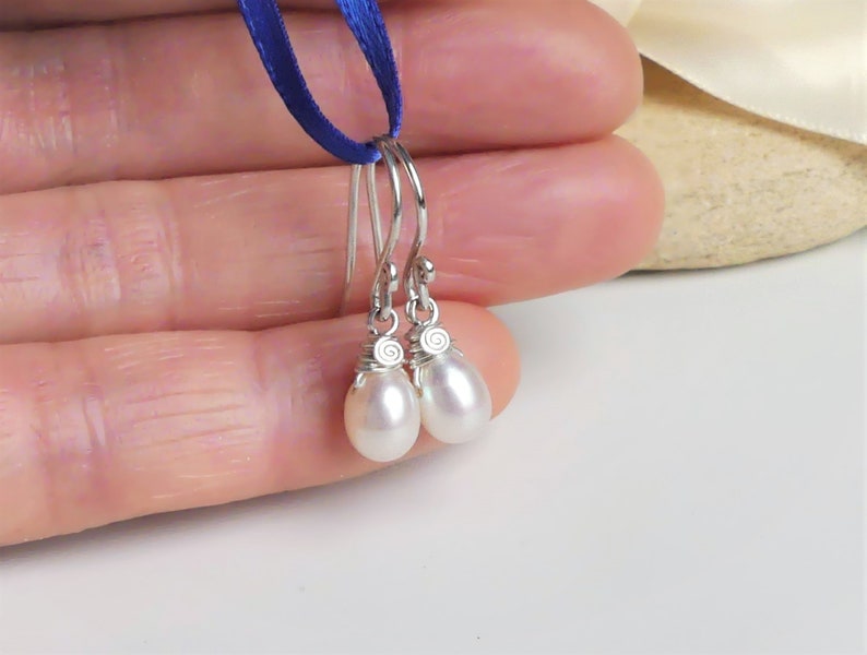 Dainty White Pearl Teardrop Earrings, Argentium Silver Wire Wrapped, Freshwater Pearl Droplet, Swirl Hook Dangles, Birthday, Wedding Gifts image 4