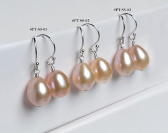 Peach Pink Teardrop Freshwater Pearl Earrings, 925 Sterling Silver Hook or Leverback Dangles, Bridal Wedding Gift, Classic Simple Pearls