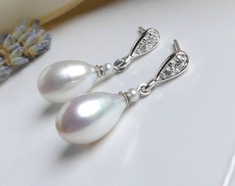 White Teardrop Freshwater Pearl Earrings, Sterling Silver CZ Pear Studs, Seed Pearls, Vintage Style Dangles, Bridal Pearl Jewelry Gifts