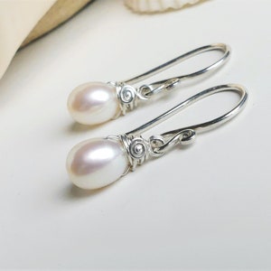 Dainty White Pearl Teardrop Earrings, Argentium Silver Wire Wrapped, Freshwater Pearl Droplet, Swirl Hook Dangles, Birthday, Wedding Gifts image 3