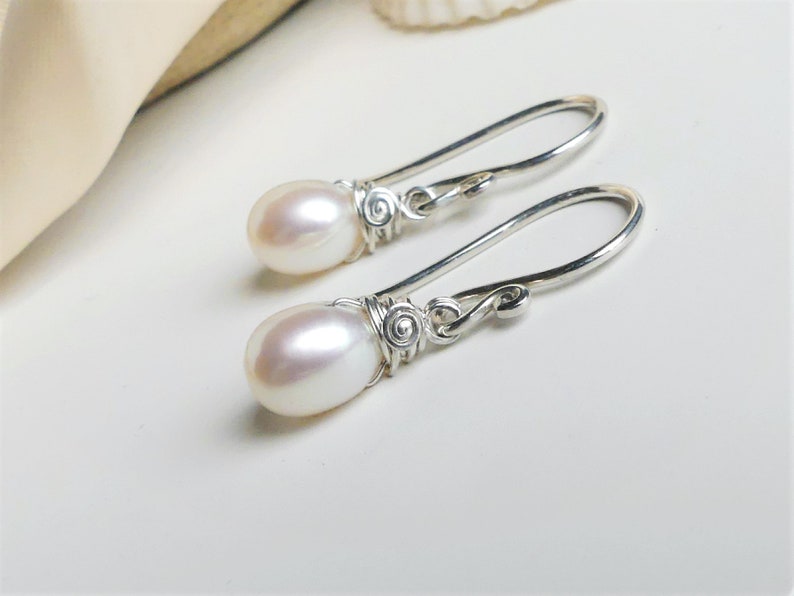 Dainty White Pearl Teardrop Earrings, Argentium Silver Wire Wrapped, Freshwater Pearl Droplet, Swirl Hook Dangles, Birthday, Wedding Gifts image 3