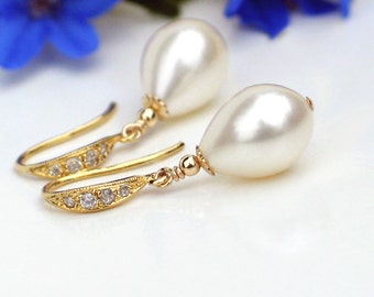 White Teardrop Pearl Earrings, CZ Pavé Gold Plated Earrings, Freshwater Pearls, Bridal Bridesmaids Wedding Jewelry, Birthday Gifts