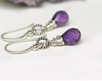 Amethyst Earrings, Petite Purple Amethyst Teardrop Dangle , Sterling Silver Wire Wrapped Argentium Silver Earrings, February Birthstone Gift