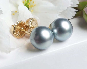 Steel Gray 8.35mm Tahitian Pearl 14K Gold Studs, Medium Grey Aqua South Sea Saltwater Pearls, Fluted Detail, Birthday Gift, Everyday Pearls