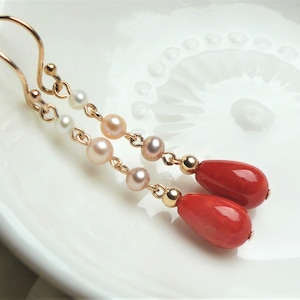 Red Coral Drop & Pearl Earrings, Bamboo Coral, Tiny White Pink Mauve Freshwater Seed Pearl, 14k Gold Filled - Sterling Silver - Rose Gold