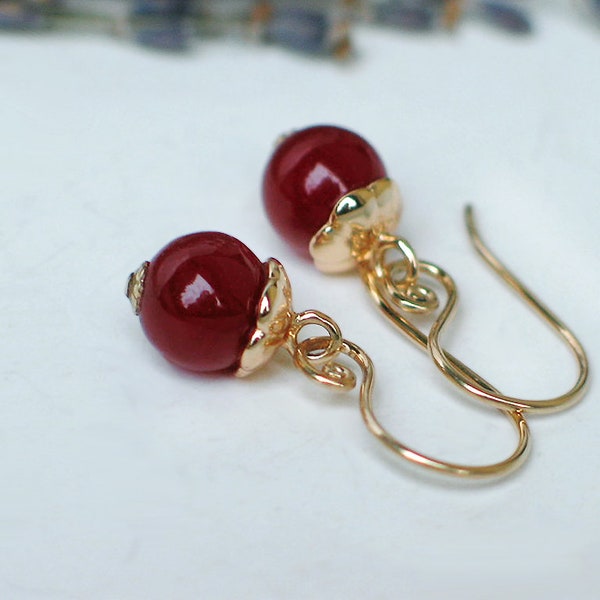 Red Agate Earrings, 8mm Round Stone, 14k Gold Filled Swirl Earwire Dangles, Fluted Ornate Cap, Small Simple Everyday Earrings, Holiday Gifts