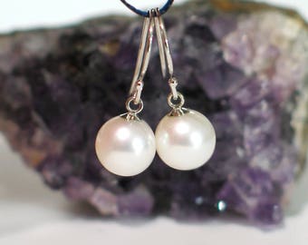 14k White Gold Pearl Earrings, 7.5 - 8mm White Freshwater Pearls, Classic French Hook Dangle Leverback, Bridal Jewelry, June Birthstone Gift