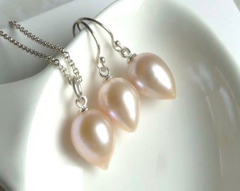 Dusty Pink Lavender Inverted Teardrop Freshwater Pearl Earrings - Pendant Necklace Set, Sterling Silver, Upside Down Smooth Drop Pearls