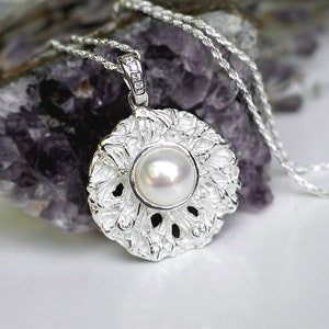 Pearl Medallion Pendant Necklace, White Freshwater Button Pearl, CZ Pave, Diamond Cut Rope Sterling Silver Chain, June Birthstone Gift