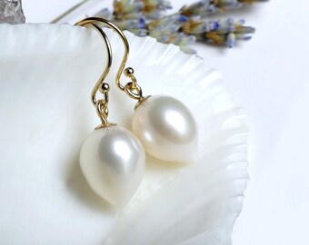 Ivory White Inverted Freshwater Teardrop Pearl Earrings, Sterling Silver - 14k Gold Filled French Earwire- Leverback, Upside Down Dangles