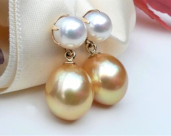 Double Pearl Stud Dangles, South Sea Golden Pearl vs 7mm White Freshwater, 14k Gold Classic Prong Set, Vintage Style Drop Pearl Earrings
