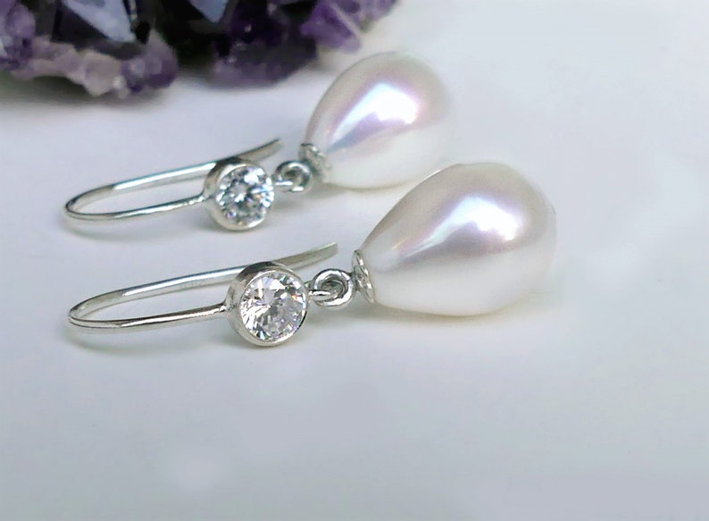 White Freshwater Pearls CZ Sterling Silver Dangles June Birthstone Teardrop Pearl Earrings Bridal Pearl Jewelry Gift Ready to Ship