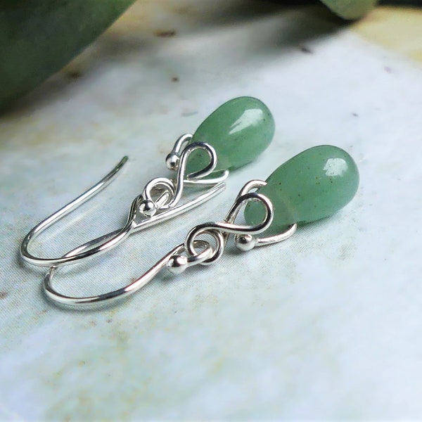 Petite Jade Droplet Earrings, Soft Green Smooth Teardrop, Sterling Silver French Earwires, Leverbacks, Dainty Swirl Dangle, Spring Earrings