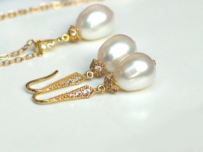 Bridal Jewelry Gift Reday to Ship Teardrop Pearl Earrings Pendant Necklace Set CZ Pav\u00e9 14k Gold Plated White Freshwater Drop Pearls