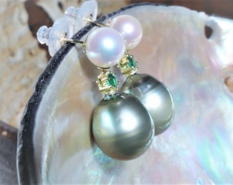 14k Gold Double Pearl Earrings, Platinum Gray Olive Green Tahitian Baroque Drops with Emerald in White Japanese Akoya Pearl Studs Dangles