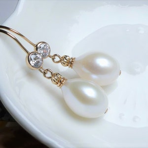 Ivory White Teardrop Freshwater Pearl Earrings in CZ Bezel 14k Gold Filled Dangles, Classic Drop Pearl, Bridal Pearl Jewelry, Birthday Gift