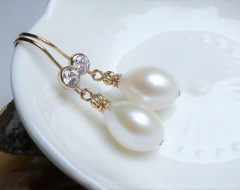 Ivory White Teardrop Freshwater Pearl Earrings in CZ Bezel 14k Gold Filled Dangles, Classic Drop Pearl, Bridal Pearl Jewelry, Birthday Gift