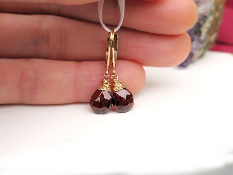 14k Gold Filled January Birthstone Rose Gold Filled Dangle Leverback Birthday Gift Red Garnet Pear Drops Garnet Teardrop Earrings