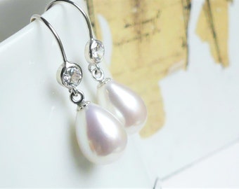 White Teardrop Freshwater Pearl Earrings in CZ bezel Sterling Silver Dangles, Classic Drop Pearl, June Birthstone, Bridal Pearl Jewelry Gift