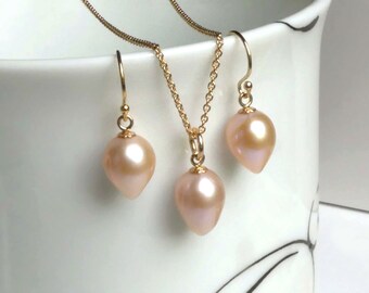 Dusty Rose Beige Pink Inverted Teardrop Freshwater Pearl Earrings - Pendant Necklace Set, 14k Gold Filled, Upside Down Drop Pearl Dangles