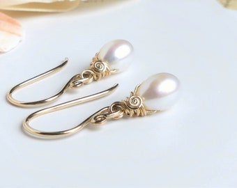 Dainty White Pearl Droplet Earrings, Teardrop Freshwater Pearls, Wire Wrapped, 14k Gold Filled - Rose Gold Filled, Swirl Hook or Leverbacks