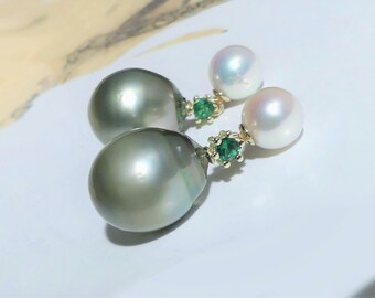 14k Gold Double Pearl Earrings, Platinum Gray Olive Green Tahitian Baroque Drops with Emerald in White Japanese Akoya Pearl Studs Dangles