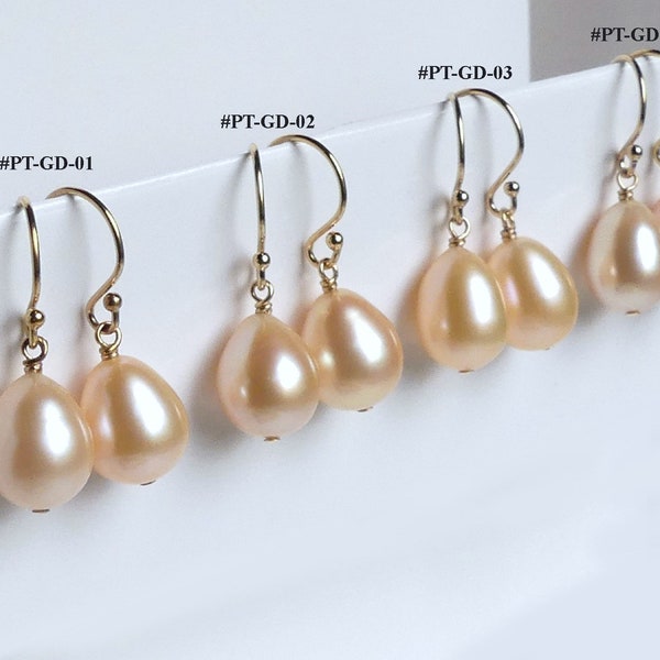 Peach Pink Teardrop Pearl Earrings, Freshwater Pearls in 14k Gold Filled Dangles, Leverback, Bridal Wedding Gift, Classic Simple Drop Pearl