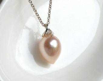 Light Blush Pink Upside Down Teardrop Pearl Pendant Necklace, Swirl Sterling Silver Pendant, Inverted Drop Pearl, Lotus Flower Bud Charm